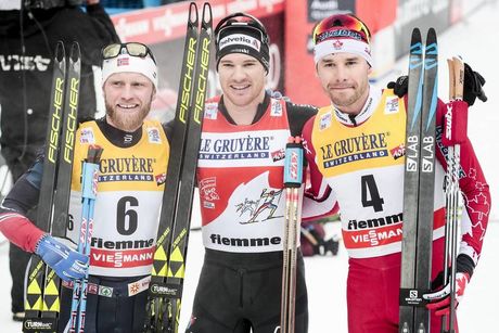 NordicFocus 07.01.2018, Val di Fiemme, Italy (ITA):Martin Johnsrud Sundby (NOR), Dario Cologna (SUI), Alex Harvey (CAN), (l-r) - FIS world cup cross-country, tour de ski, final climb men, Val di Fiemme (ITA). www.nordicfocus.com. © Modica/NordicFocus. Every downlo