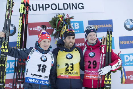 NordicFocus 10.01.2018, Ruhpolding, Germany (GER):Ondrej Moravec (CZE), Martin Fourcade (FRA), Johannes Thingnes Boe (NOR), (l-r) - IBU world cup biathlon, individual men, Ruhpolding (GER). www.nordicfocus.com. © Manzoni/NordicFocus. Every downloaded picture is fe