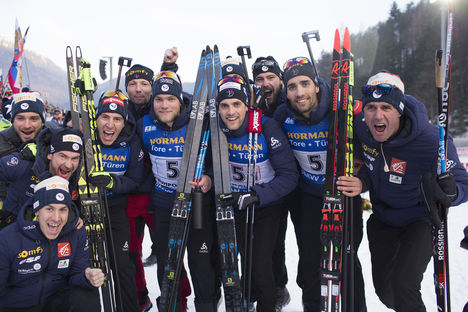 NordicFocus 12.01.2018, Ruhpolding, Germany (GER):Quentin Fillon Maillet (FRA), Antonin Guigonnat (FRA), Simon Desthieux (FRA), Martin Fourcade (FRA), Stephane Bouthiaux (FRA) coach Team France, (l-r) - IBU world cup biathlon, relay men, Ruhpolding (GER). www.nordi