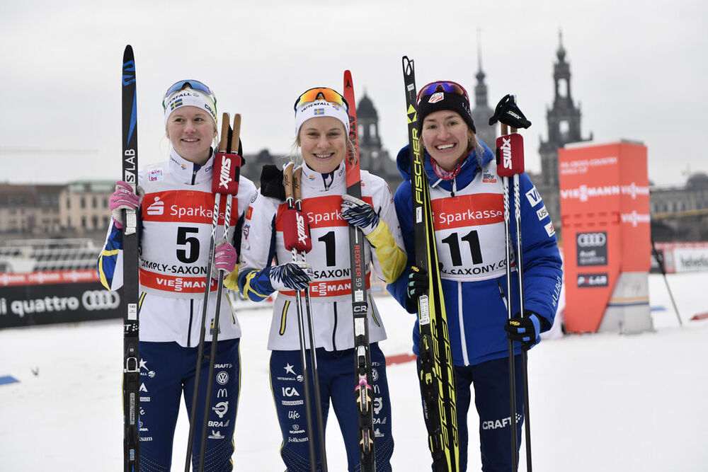 13.01.2018, Dresden, Germany (GER):Maja Dahlqvist (SWE), Hanna Falk (SWE), Sophie Caldwell (USA) - FIS world cup cross-country, individual sprint, Dresden (GER). www.nordicfocus.com. © Thibaut/NordicFocus. Every downloaded picture is fee-liable.