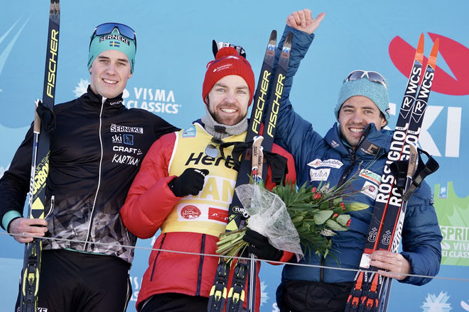 TORD ASLE GJERDALEN (mitten) vann herrarnas tävling före Andreas Holmberg (tv) och Ilia Chernousov. Foto: MAGNUS ÖSTH