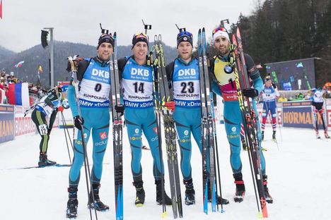 NordicFocus 14.01.2018, Ruhpolding, Germany (GER):Simon Desthieux (FRA), Quentin Fillon Maillet (FRA), Antonin Guigonnat (FRA), Martin Fourcade (FRA), (l-r) - IBU world cup biathlon, mass men, Ruhpolding (GER). www.nordicfocus.com. © Manzoni/NordicFocus. Every dow