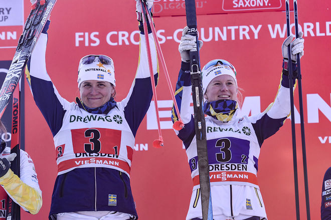 IDA INGEMARSDOTTER och Maja Dahlqvist jublar över segern i Dresden. Foto: NORDIC FOCUS