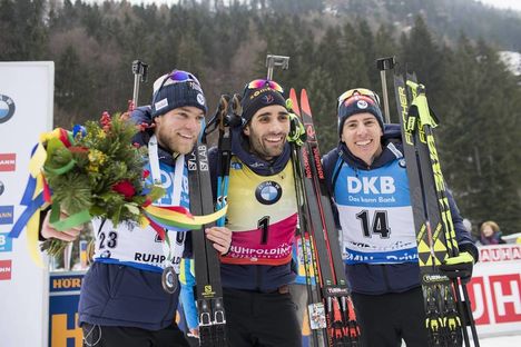 NordicFocus 14.01.2018, Ruhpolding, Germany (GER):Antonin Guigonnat (FRA), Martin Fourcade (FRA), Quentin Fillon Maillet (FRA), (l-r) - IBU world cup biathlon, mass men, Ruhpolding (GER). www.nordicfocus.com. © Manzoni/NordicFocus. Every downloaded picture is fee-