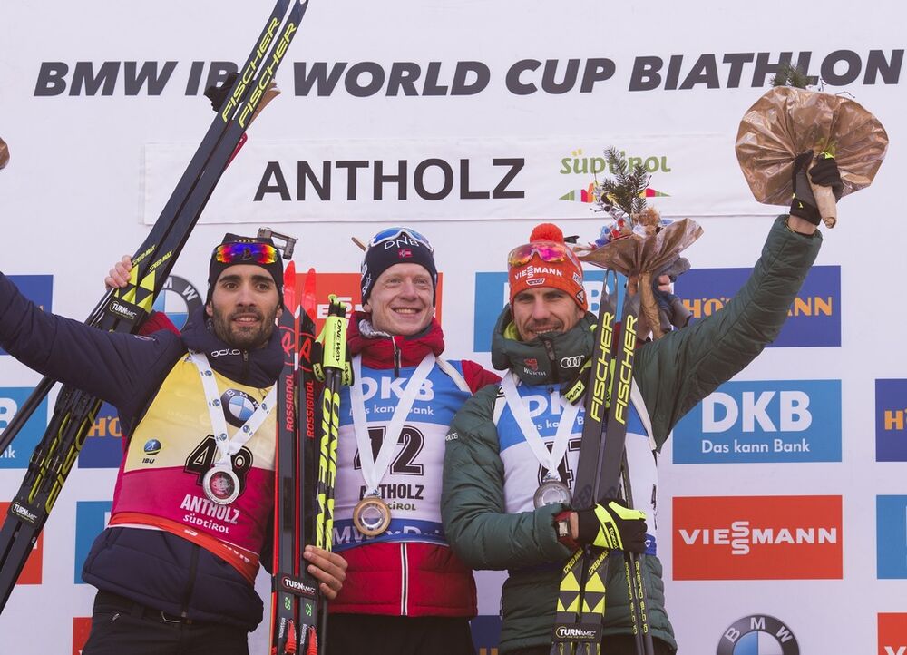 19.01.2018, Antholz, Italy (ITA):Martin Fourcade (FRA), Johannes Thingnes Boe (NOR), Arnd Peiffer (GER), (l-r) -  IBU world cup biathlon, sprint men, Antholz (ITA). www.nordicfocus.com. © Manzoni/NordicFocus. Every downloaded picture is fee-liable.