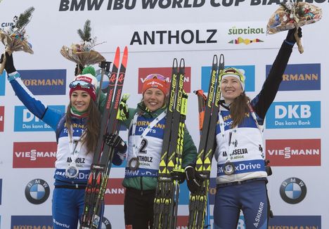 NordicFocus 20.01.2018, Antholz, Italy (ITA):Dorothea Wierer (ITA), Laura Dahlmeier (GER), Darya Domracheva (BLR), (l-r) - IBU world cup biathlon, pursuit women, Antholz (ITA). www.nordicfocus.com. © Manzoni/NordicFocus. Every downloaded picture is fee-liable.