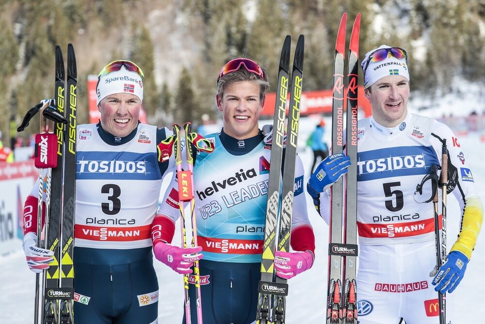 20.01.2018, Planica, Slovenia (SLO):Emil Iversen (NOR), Johannes Hoesflot Klaebo (NOR), Teodor Peterson (SWE), (l-r)  - FIS world cup cross-country, individual sprint, Planica (SLO). www.nordicfocus.com. © Modica/NordicFocus. Every downloaded picture is