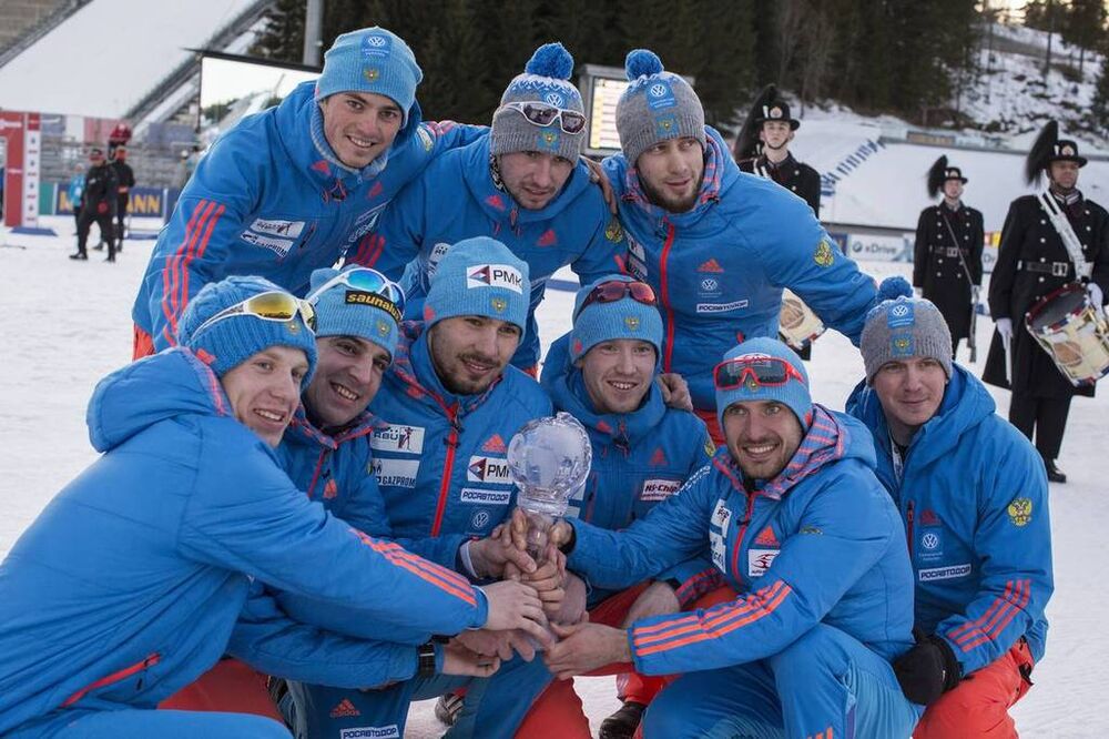 17.03.2017, Oslo, Norway (NOR):Anton Babikov (RUS), Alexander Loginov (RUS), Ricco Gross (GER), coach Team Russia, Anton Shipulin (RUS), Alexey Volkov (RUS), Evgeniy Garanichev (RUS), Matvey Eliseev (RUS), (l-r) -  IBU world cup biathlon, cups, Oslo (NOR