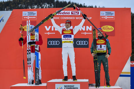 NordicFocus 26.01.2018, Seefeld, Austria (AUT):Magnus Riiber (NOR), Akito Watabe (JPN), Fabian Riessle (GER), (l-r) - FIS world cup nordic combined, individual gundersen HS109/5km, Seefeld (AUT). www.nordicfocus.com. © Thibaut/NordicFocus. Every downloaded picture