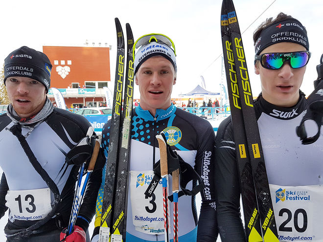 LARS PERSSON, ÖSK (mitten), Max Novak, Offerdal (th) och Håkan Emilsson, Offerdal (th) tog dom tre första platserna i Östersund Ski Marathon 2018. Foto: THORD ERIC NILSSON