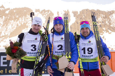 NordicFocus 27.01.2018, Ridnaun, Italy (ITA):Krasimir Anev (BUL), Alexander Loginov (RUS), Evgeniy Garanichev (RUS), (l-r) - IBU Open European championships biathlon, pursuit men, Ridnaun (ITA). www.nordicfocus.com. © Manzoni/NordicFocus. Every downloaded picture i