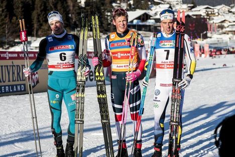 NordicFocus 27.01.2018, Seefeld, Austria (AUT):Lucas Chanavat (FRA), Johannes Hoesflot Klaebo (NOR), Calle Halfvarsson (SWE), (l-r) - FIS world cup cross-country, individual sprint, Seefeld (AUT). www.nordicfocus.com. © Modica/NordicFocus. Every downloaded picture