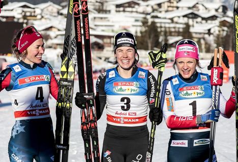 NordicFocus 27.01.2018, Seefeld, Austria (AUT):Sophie Caldwell (USA), Laurien Van Der Graaff (SUI), Maiken Caspersen Falla (NOR), (l-r) - FIS world cup cross-country, individual sprint, Seefeld (AUT). www.nordicfocus.com. © Modica/NordicFocus. Every downloaded pict