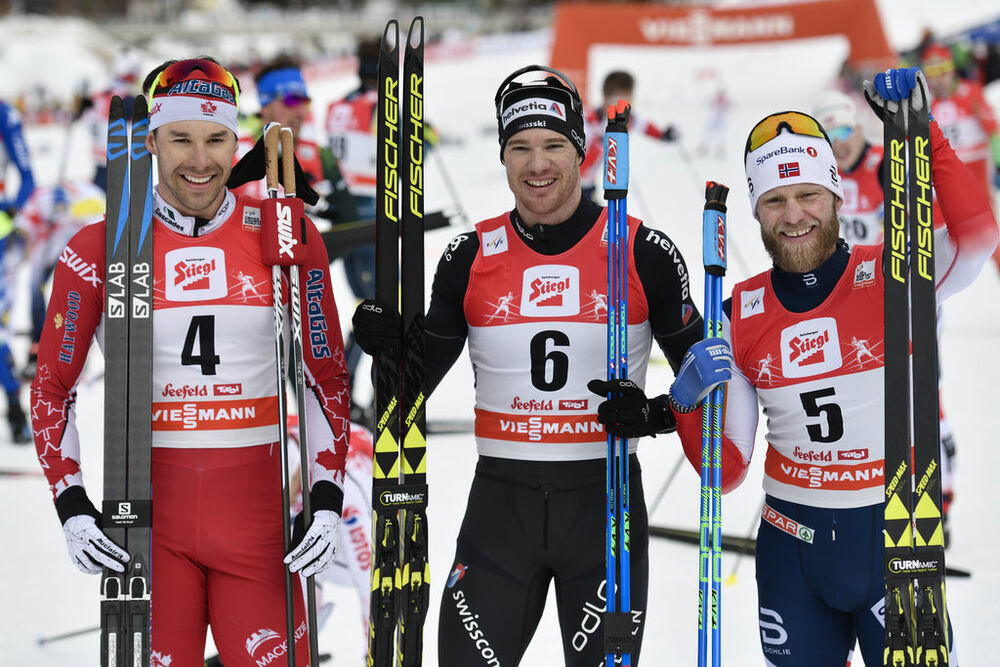 28.01.2018, Seefeld, Austria (AUT):Alex Harvey (CAN), Dario Cologna (SUI), Martin Johnsrud Sundby (NOR) - FIS world cup cross-country, mass men, Seefeld (AUT). www.nordicfocus.com. © Thibaut/NordicFocus. Every downloaded picture is fee-liable.