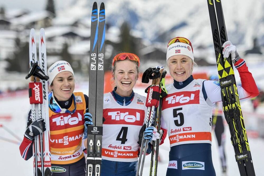 28.01.2018, Seefeld, Austria (AUT):Heidi Weng (NOR), Jessica Diggins (USA), Ragnhild Haga (NOR) - FIS world cup cross-country, mass women, Seefeld (AUT). www.nordicfocus.com. © Thibaut/NordicFocus. Every downloaded picture is fee-liable.