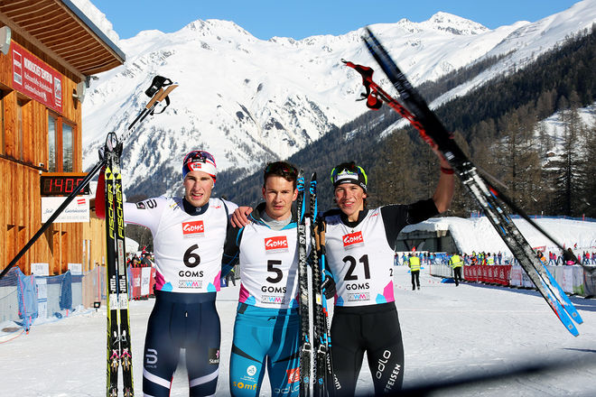 HÄR ÄR DOM tre bästa herrarna i JVM-sprinten. Tom Mancini, Frankrike (mitten) vann före Jørgen Lippert, Norge (tv) och Valerio Grand, Schweiz. Foto/rights: KJELL-ERIK KRISTIANSEN/KEK-stock