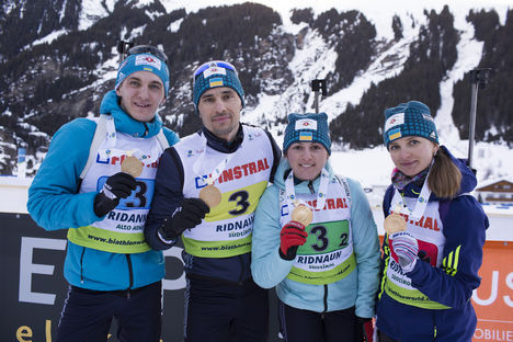 NordicFocus 28.01.2018, Ridnaun, Italy (ITA):Dmytro Pidruchnyi (UKR), Artem Pryma (UKR), Iryna Varvynets (UKR), Yuliia Zhuravok (UKR), (l-r) - IBU Open European championships biathlon, medals, Ridnaun (ITA). www.nordicfocus.com. © Manzoni/NordicFocus. Every downloa