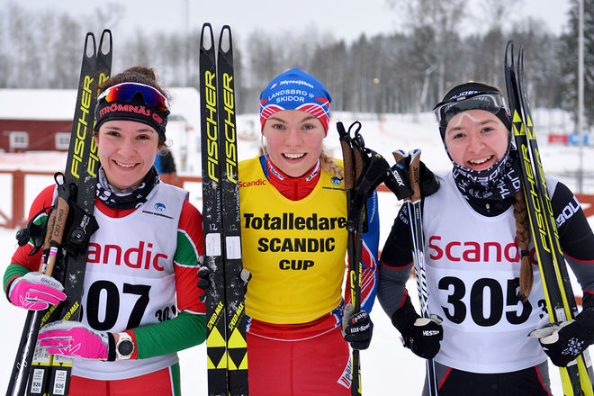 HÄR ÄR TOPPTRION i D17-18-klassen, fr v: Olivia Alm, Strömnäs (2:a), Moa Hansson, Landsbro (1:a) och Maja Årebäck, Boliden (3:a). Foto: ROLF ZETTERBERG
