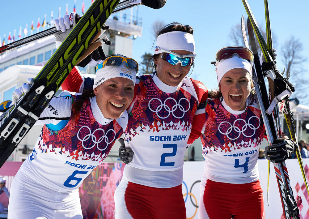 08.02.2014, Sochi, Russia (RUS): Charlotte Kalla (SWE), Marit Bjoergen (NOR), Heidi Weng (NOR), (l-r)- XXII. Olympic Winter Games Sochi 2014, cross-country, skiathlon women, Sochi (RUS). www.nordicfocus.com. © NordicFocus. Every downloaded picture is fe