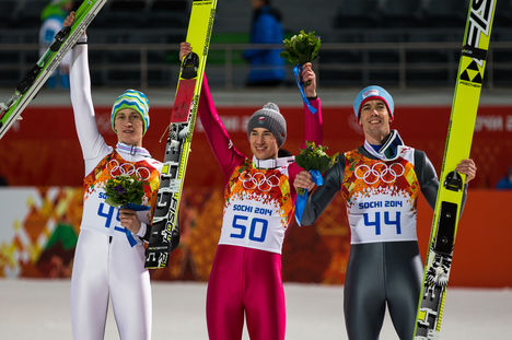 NordicFocus 09.02.2014, Sochi, Russia (RUS): (l-r) Peter Prevc (SLO), Kamil Stoch (POL), Fischer and Anders Bardal (NOR), Fischer- XXII. Olympic Winter Games Sochi 2014, ski jumping, individual HS106, Sochi (RUS). www.nordicfocus.com. © NordicFocus. Every downloade