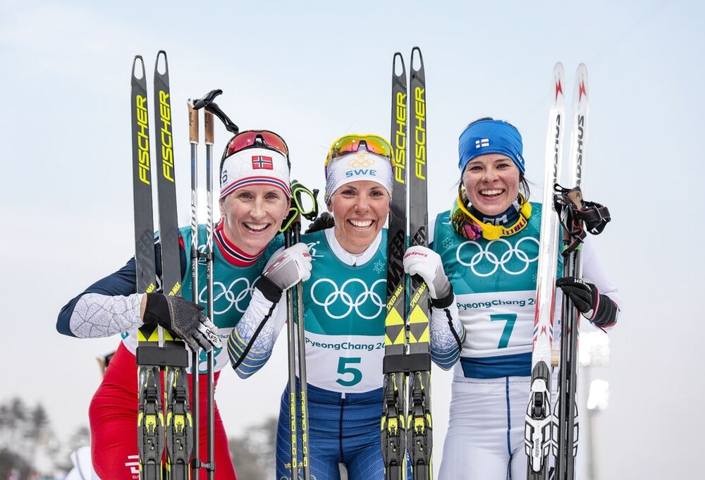 10.02.2018, Pyeongchang, Korea (KOR):Marit Bjoergen (NOR), Charlotte Kalla (SWE), Krista Parmakoski (FIN), (l-r)  - XXIII. Olympic Winter Games Pyeongchang 2018, cross-country, skiathlon women, Pyeongchang (KOR). www.nordicfocus.com. © Modica/NordicFocu