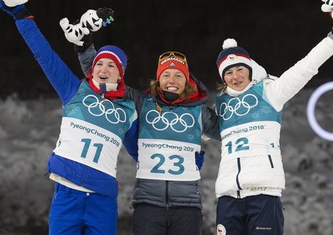 NordicFocus 10.02.2018, Pyeongchang, Korea (KOR):Marte Olsbu (NOR), Laura Dahlmeier (GER), Veronika Vitkova (CZE), (l-r) - XXIII. Olympic Winter Games Pyeongchang 2018, biathlon, sprint women, Pyeongchang (KOR). www.nordicfocus.com. © Manzoni/NordicFocus. Every dow