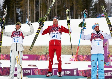 NordicFocus 09.02.2014, Sochi, Russia (RUS): Marcus Hellner (SWE), Dario Cologna (SUI), Martin Johnsrud Sundby (NOR), (l-r)- XXII. Olympic Winter Games Sochi 2014, cross-country, skiathlon men, Sochi (RUS). www.nordicfocus.com. © NordicFocus. Every downloaded pictu