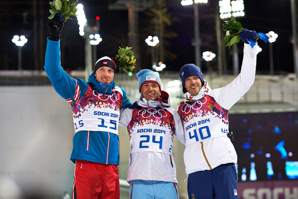08.02.2014, Sochi, Russia (RUS): Dominik Landertinger (AUT), Ole Einar Bjoerndalen (NOR), Jaroslav Soukup (CZE), (l-r)- XXII. Olympic Winter Games Sochi 2014, biathlon, sprint men, Sochi (RUS). www.nordicfocus.com. © NordicFocus. Every downloaded pictur