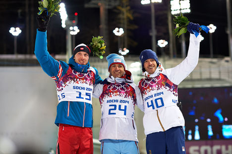 NordicFocus 08.02.2014, Sochi, Russia (RUS): Dominik Landertinger (AUT), Ole Einar Bjoerndalen (NOR), Jaroslav Soukup (CZE), (l-r)- XXII. Olympic Winter Games Sochi 2014, biathlon, sprint men, Sochi (RUS). www.nordicfocus.com. © NordicFocus. Every downloaded pictur