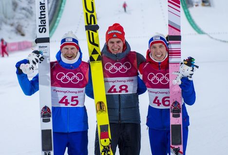 NordicFocus 10.02.2018, Pyeongchang, Korea (KOR):Robert Johansson (NOR), Andreas Wellinger (GER), Johann Andre Forfang (NOR) - XXIII. Olympic Winter Games Pyeongchang 2018, ski jumping, individual HS109, Pyeongchang (KOR). www.nordicfocus.com. © Thibaut/NordicFocus