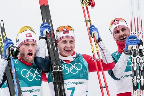 NordicFocus 11.02.2018, Pyeongchang, Korea (KOR):Martin Johnsrud Sundby (NOR), Simen Hegstad Krueger (NOR), Hans Christer Holund (NOR), (l-r) - XXIII. Olympic Winter Games Pyeongchang 2018, cross-country, skiathlon men, Pyeongchang (KOR). www.nordicfocus.com. © Mo