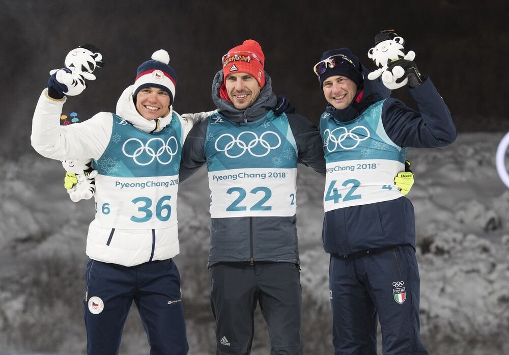 11.02.2018, Pyeongchang, Korea (KOR):Michal Krcmar (CZE), Arnd Peiffer (GER), Dominik Windisch (ITA), (l-r) - XXIII. Olympic Winter Games Pyeongchang 2018, biathlon, sprint men, Pyeongchang (KOR). www.nordicfocus.com. © Manzoni/NordicFocus. Every downlo