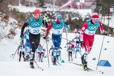 NordicFocus 11.02.2018, Pyeongchang, Korea (KOR):Thomas Bing (GER), Maurice Manificat (FRA), Graeme Killick (CAN), (l-r) - XXIII. Olympic Winter Games Pyeongchang 2018, cross-country, skiathlon men, Pyeongchang (KOR). www.nordicfocus.com. © Modica/NordicFocus. Eve