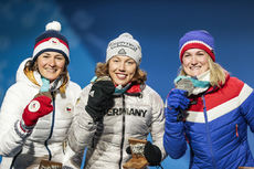 NordicFocus 10.02.2018, Pyeongchang, Korea (KOR):Veronika Vitkova (CZE), Laura Dahlmeier (GER), Marte Olsbu (NOR), (l-r) - XXIII. Olympic Winter Games Pyeongchang 2018, biathlon, medals, Pyeongchang (KOR). www.nordicfocus.com. © Modica/NordicFocus. Every downloaded