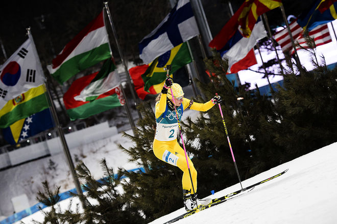 HANNA ÖBERG gjorde ett nytt kanonlopp på OS-stadion i Pyeongchang och slutade 5:a i jaktstarten. Här från sprinttävlingen. Foto: NORDIC FOCUS