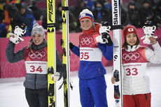 NordicFocus 12.02.2018, Pyeongchang, Korea (KOR):Katharina Althaus (GER), Maren Lundby (NOR), Sara Takanashi (JPN) - XXIII. Olympic Winter Games Pyeongchang 2018, ski jumping ladies, individual HS109, Pyeongchang (KOR). www.nordicfocus.com. © Thibaut/NordicFocus. E