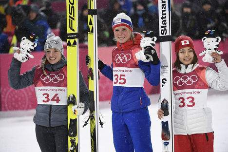 NordicFocus 12.02.2018, Pyeongchang, Korea (KOR):Katharina Althaus (GER), Maren Lundby (NOR), Sara Takanashi (JPN) - XXIII. Olympic Winter Games Pyeongchang 2018, ski jumping ladies, individual HS109, Pyeongchang (KOR). www.nordicfocus.com. © Thibaut/NordicFocus. E