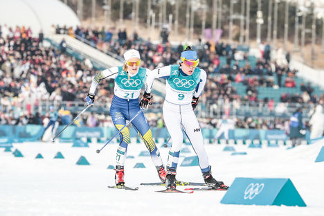 NordicFocus 10.02.2018, Pyeongchang, Korea (KOR):Stina Nilsson (SWE), Kerttu Niskanen (FIN), (l-r) - XXIII. Olympic Winter Games Pyeongchang 2018, cross-country, skiathlon women, Pyeongchang (KOR). www.nordicfocus.com. © Modica/NordicFocus. Every downloaded pictur