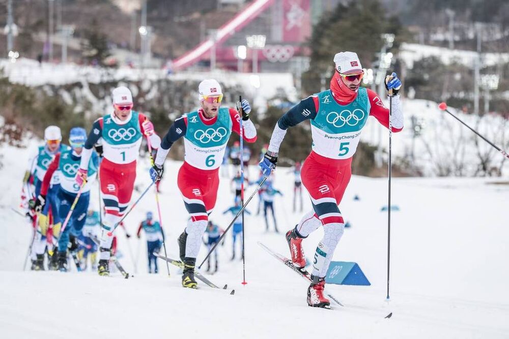 11.02.2018, Pyeongchang, Korea (KOR):Johannes Hoesflot Klaebo (NOR), Martin Johnsrud Sundby (NOR), Hans Christer Holund (NOR), (l-r)  - XXIII. Olympic Winter Games Pyeongchang 2018, cross-country, skiathlon men, Pyeongchang (KOR). www.nordicfocus.com. ©