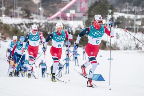 NordicFocus 11.02.2018, Pyeongchang, Korea (KOR):Johannes Hoesflot Klaebo (NOR), Martin Johnsrud Sundby (NOR), Hans Christer Holund (NOR), (l-r) - XXIII. Olympic Winter Games Pyeongchang 2018, cross-country, skiathlon men, Pyeongchang (KOR). www.nordicfocus.com. ©