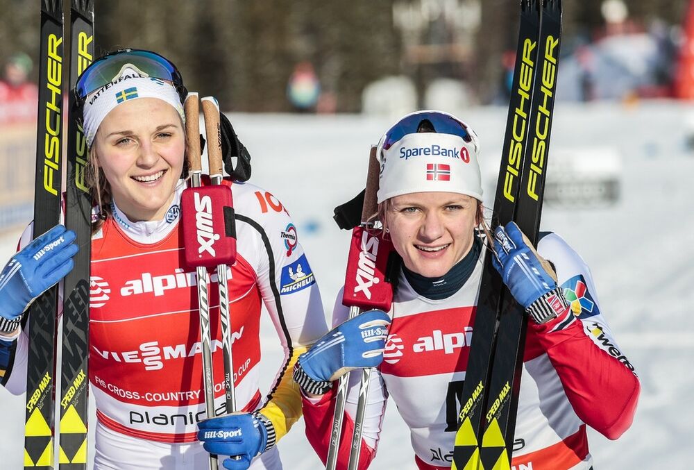 20.01.2018, Planica, Slovenia (SLO):Kathrine Rolsted Harsem (NOR), Stina Nilsson (SWE), Maiken Caspersen Falla (NOR), (l-r)  - FIS world cup cross-country, individual sprint, Planica (SLO). www.nordicfocus.com. © Modica/NordicFocus. Every downloaded pic