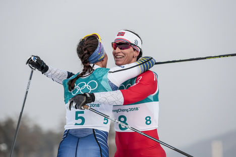 NordicFocus 10.02.2018, Pyeongchang, Korea (KOR):Charlotte Kalla (SWE), Marit Bjoergen (NOR), (l-r) - XXIII. Olympic Winter Games Pyeong Chang 2018, cross-country, skiathlon women, Pyeong Chang (KOR). www.nordicfocus.com. © Modica/NordicFocus. Every downloaded pic