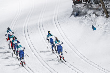 NordicFocus 13.02.2018, Pyeongchang, Korea (KOR):Hanna Falk (SWE), Sophie Caldwell (USA), Maiken Caspersen Falla (NOR), Krista Parmakoski (FIN), (l-r) - XXIII. Olympic Winter Games Pyeongchang 2018, cross-country, individual sprint, Pyeongchang (KOR). www.nordicfo