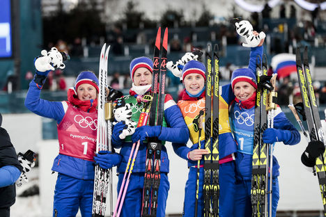 NordicFocus 17.02.2018, Pyeongchang, Korea (KOR):Ingvild Flugstad Oestberg (NOR), Astrid Uhrenholdt Jacobsen (NOR), Ragnhild Haga (NOR), Marit Bjoergen (NOR), (l-r) - XXIII. Olympic Winter Games Pyeongchang 2018, cross-country, 4x5km women, Pyeongchang (KOR). www.no