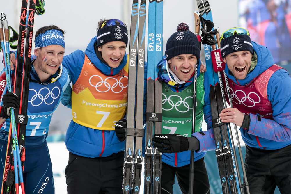 18.02.2018, Pyeongchang, Korea (KOR):Adrien Backscheider (FRA), Clement Parisse (FRA), Maurice Manificat (FRA), Jean Marc Gaillard (FRA), (l-r)  - XXIII. Olympic Winter Games Pyeongchang 2018, cross-country, 4x10km men,  Pyeongchang (KOR). www.nordicfocu