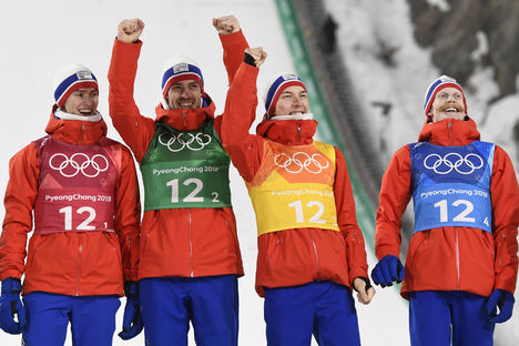 NordicFocus 19.02.2018, Pyeongchang, Korea (KOR):Daniel Andre Tande (NOR), Andreas Stjernen (NOR), Johann Andre Forfang (NOR), Robert Johansson (NOR), (l-r) - XXIII. Olympic Winter Games Pyeongchang 2018, ski jumping, team HS140, Pyeongchang (KOR). www.nordicfocus.c