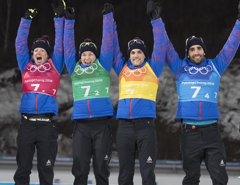 NordicFocus 20.02.2018, Pyeongchang, Korea (KOR):Marie Dorin Habert (FRA), Anais Bescond (FRA), Simon Desthieux (FRA), Martin Fourcade (FRA), (l-r) - XXIII. Olympic Winter Games Pyeongchang 2018, biathlon, relay mixed, Pyeongchang (KOR). www.nordicfocus.com. © Manz