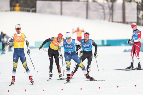 NordicFocus 18.02.2018, Pyeongchang, Korea (KOR):Marcus Hellner (SWE), Calle Halfvarsson (SWE), Lucas Boegl (GER), Jonas Dobler (GER), (l-r) - XXIII. Olympic Winter Games Pyeongchang 2018, cross-country, 4x10km men, Pyeongchang (KOR). www.nordicfocus.com. © Modic