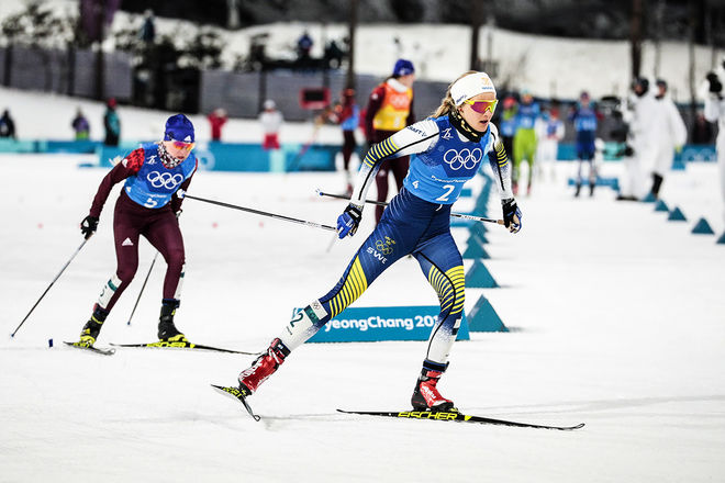 STINA NILSSON jagar sitt andra OS-guld i Pyeongchang tillsammans med Charlotte Kalla. Möjligheterna är stora i teamsprinten. Foto: NORDIC FOCUS