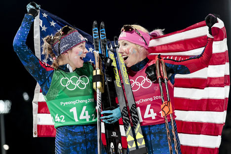 NordicFocus 21.02.2018, Pyeongchang, Korea (KOR):Jessica Diggins (USA), Kikkan Randall (USA), (l-r) - XXIII. Olympic Winter Games Pyeongchang 2018, cross-country, team sprint, Pyeongchang (KOR). www.nordicfocus.com. © Modica/NordicFocus. Every downloaded picture